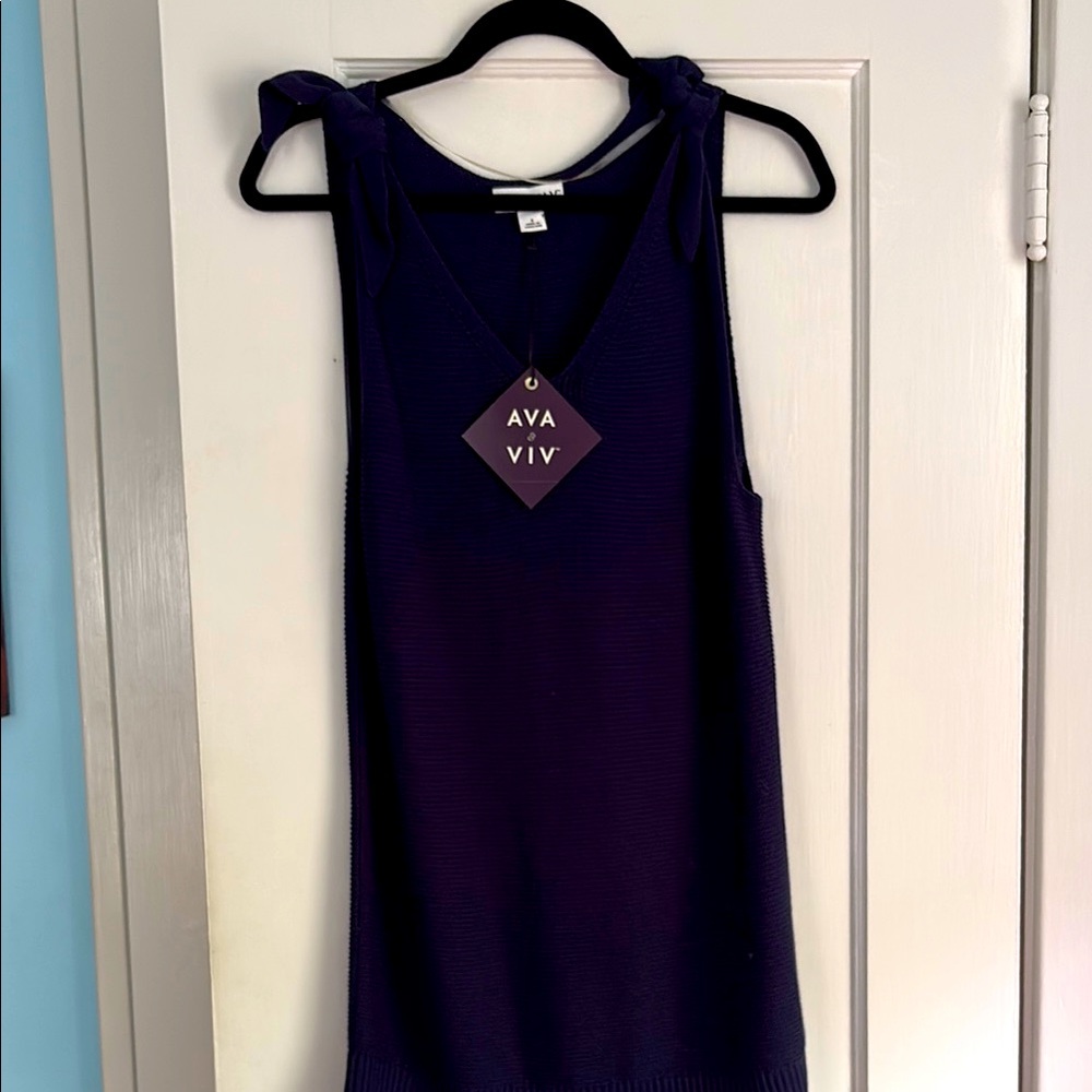 NWT Ava &Viv navy blue sleeveless sweater tunic with ties at the shoulders.